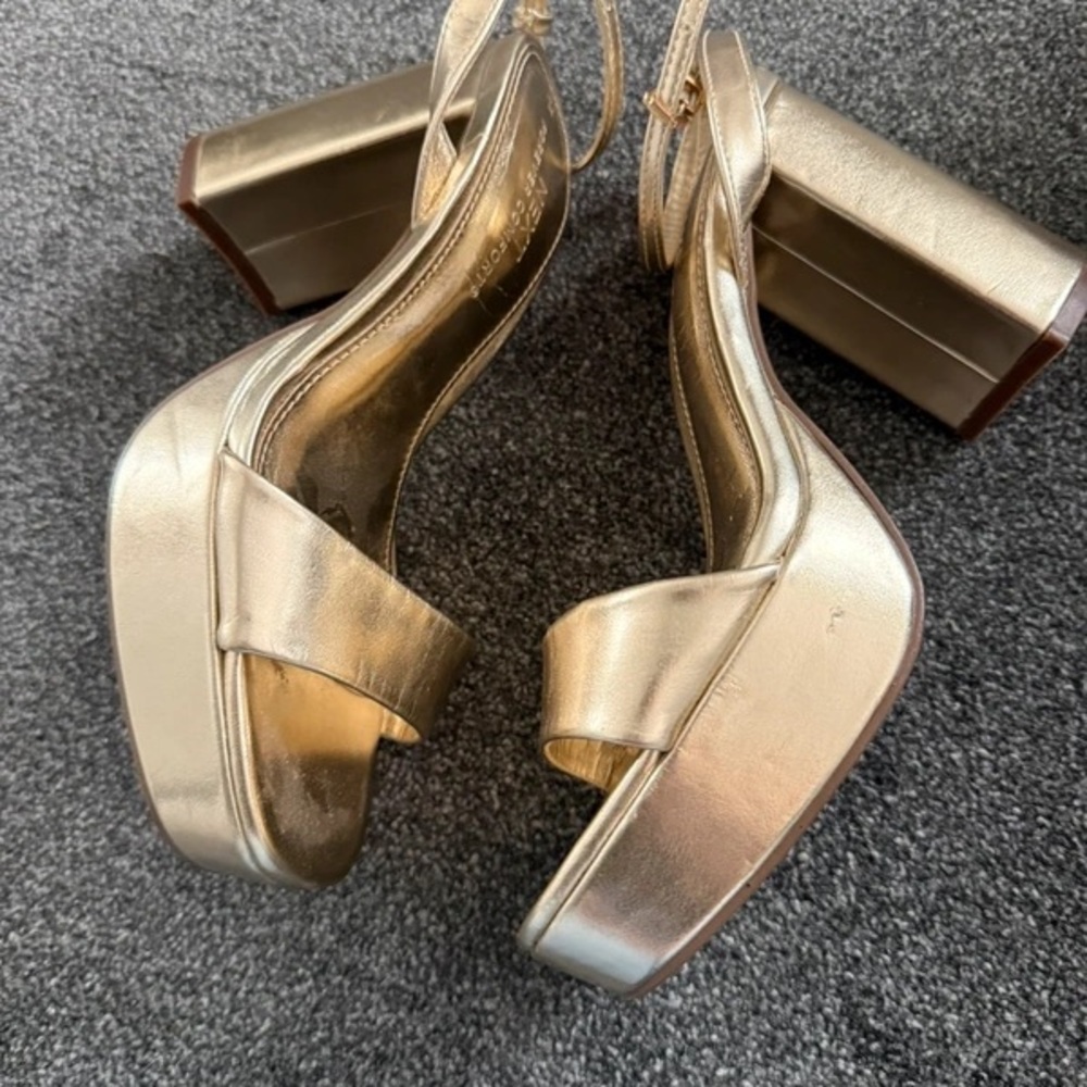 Metallic Gold Platform Block Heels with Ankle Strap